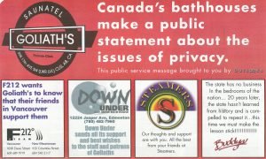 An insert from Outlooks magazine pledging support for Goliath's Saunatel including Vancouver's F212, Edmonton's Down Under bathhouse, Steamers, and Buddys. 