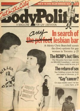 Cover of the Body Politic, main headline is "In search of any lesbian bar"