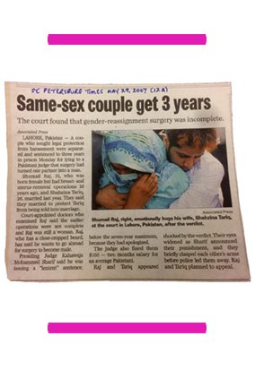 image of newspaper story with title of "same-sex couple get 3 years"