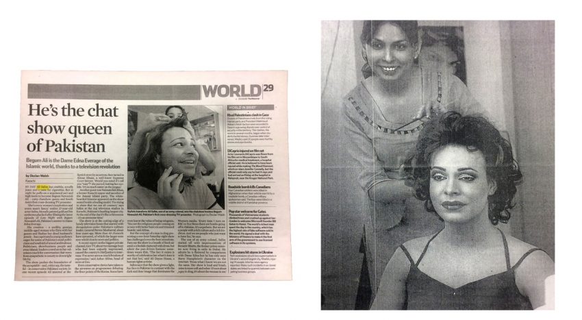 On the left is a newspaper with the headline “He’s the chat show queen of Pakistan”, in reference to actor Ali Saleem cross-dressing as Begum Nawazish Ali. On the right is a picture of Begum Nawazish Ali sitting with a woman in the background.