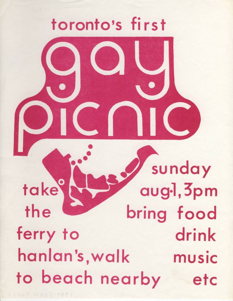white poster for picnic hosted by CHAT in 1971, with pink text “Toronto’s first Gay Picnic”