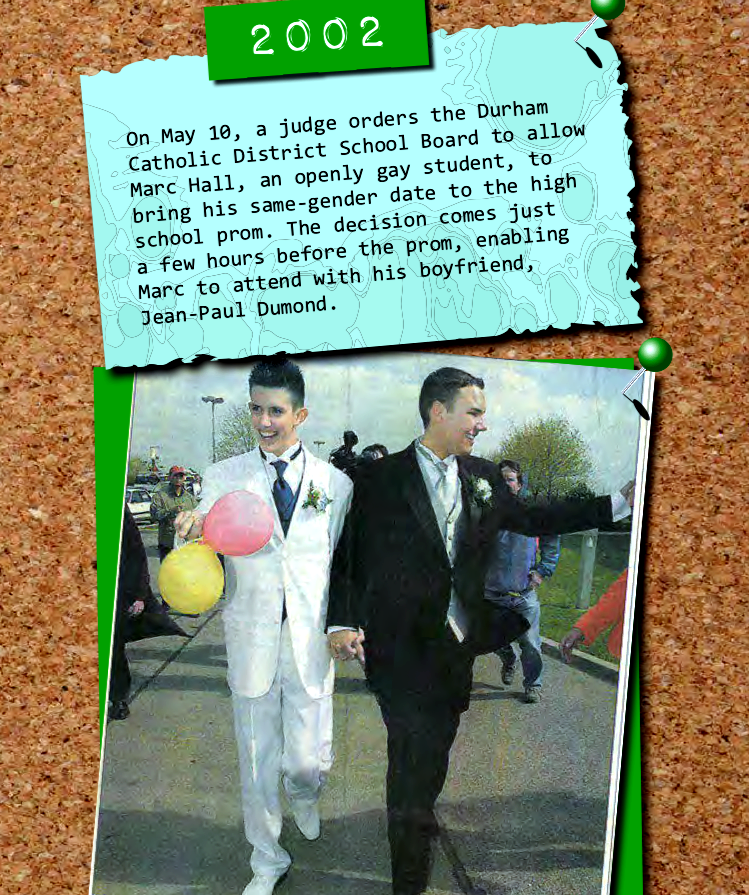 section from the LGBTQ Education Timeline handbook featuring newspaper clipping of Mark Hall and his boyfriend Jean-Paul Dumond on their way to attend their high school prom