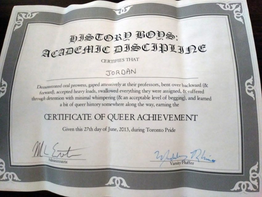 “Certificate of Queer Achievement” awarded to Jordan, 2013.