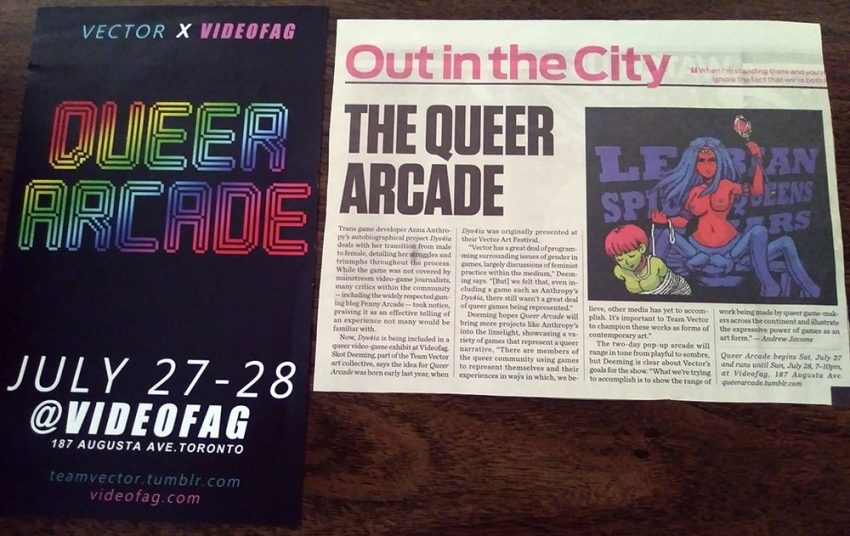 Black poster with rainbow lettering for event Queer Arcade, with accompanying news article in section “Out in the City”
