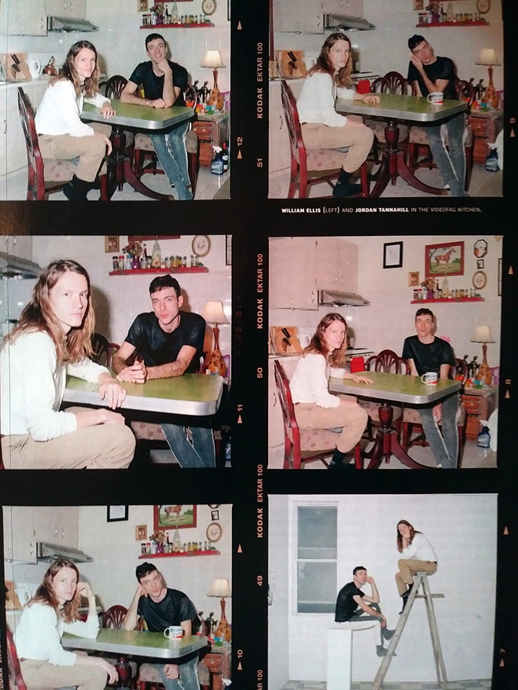 Six photographs featuring William Ellis and Jordan Tannahill, founders of Videofag. Five feature the two sitting at a kitchen table and the fifth shows one on a ladder and one sitting on a box.