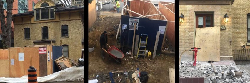 Three views of the ongoing construction at The Archives: front of the building being boarded up from view; man moving wheelbarrow of construction material; the front door steps of the archives demolished.