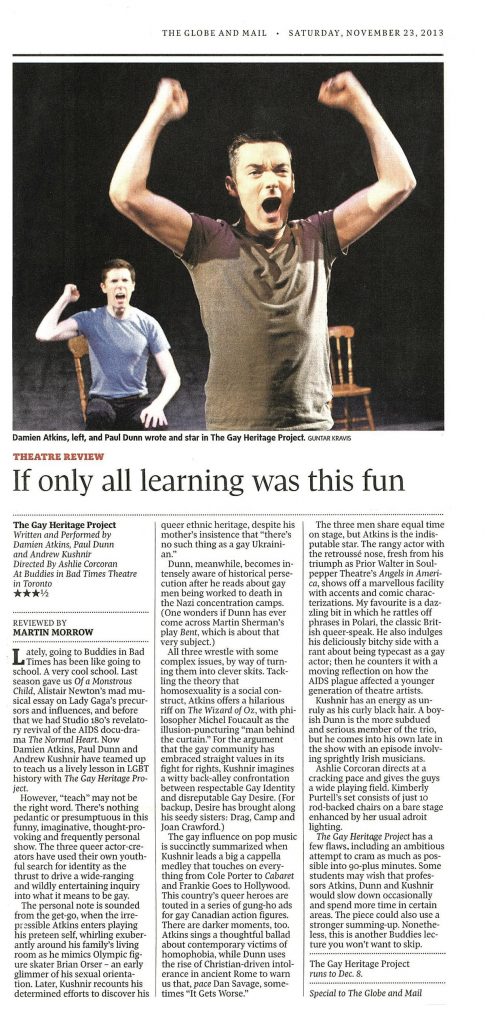 newspaper clipping from The Globe and Mail with headline “If Only All Learning Was This fun.” Image shows Atkins and Dunn onstage, fists raised during performance.