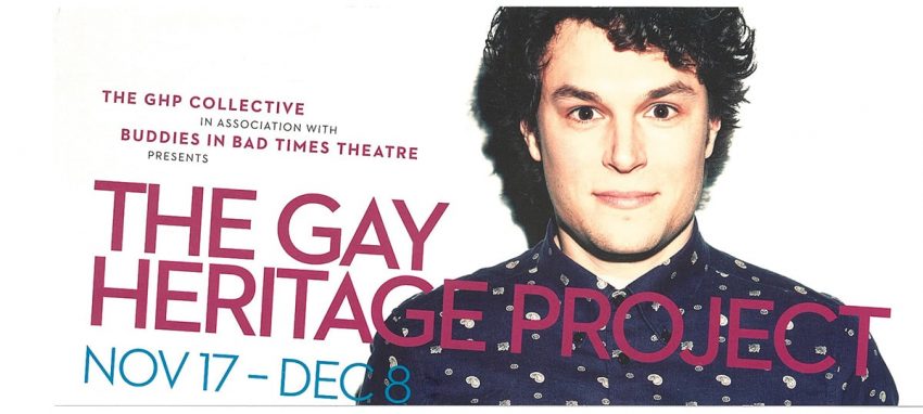 ad for The Gay Heritage Project with close-up of actor. Nov 17- Dec 8.