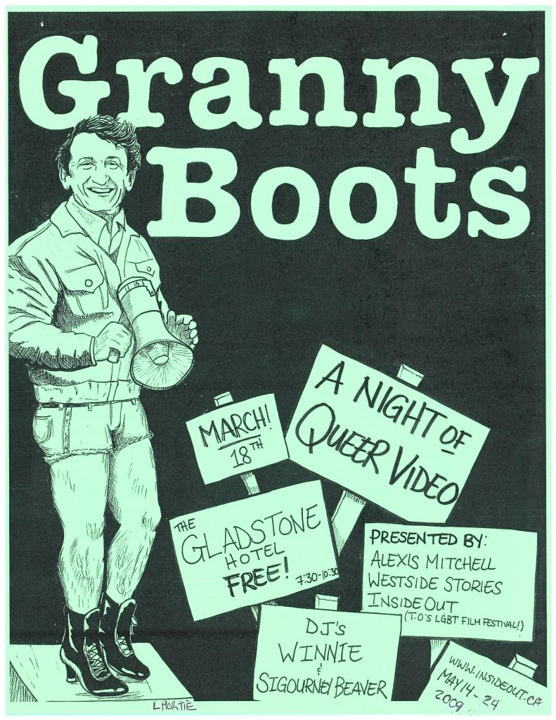 a hand-drawn flyer for Granny Boots: a Night of Queer Video.