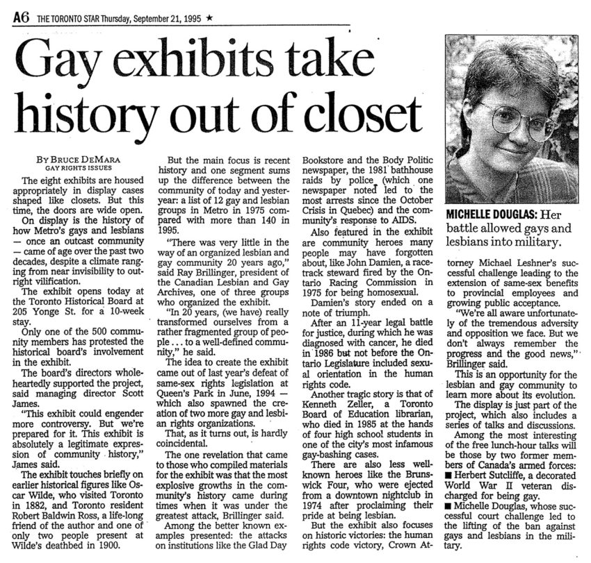 Toronto Star Clipping, Thursday, September 23, 1995.  Gay Exhibits Take History Out of the Closet. By Bruce DeMara, Gay Rights Issues.