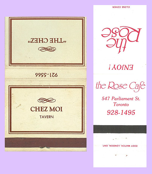 Image description: two matchbook covers, from the Chez Moi and the Rose Cafe.