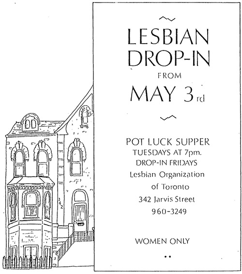 Image description: a flyer for a drop-in night at LOOT, including a hand-drawn image of the house at 342 Jarvis St.