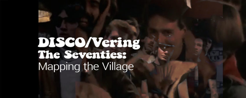 Screen grabs of bar scenes from 70s videos with DISCO/Vering the Seventies: Mapping the Village in a 70s style font.