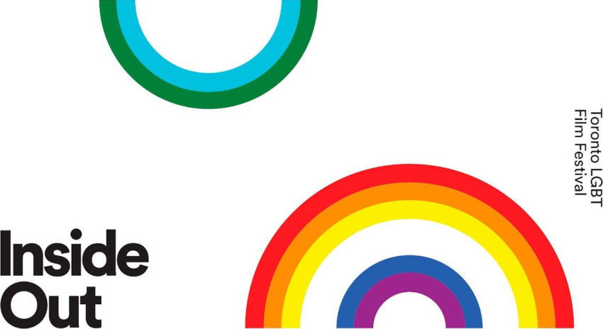 The 2017 Inside Out Festival Banner with the rainbow flag colours set in a film spool.
