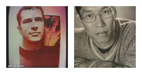 A colour photographic collage portrait of filmmaker John Grayson on the left, and a black and white close cropped photographic portrait of filmmaker Richard Fung