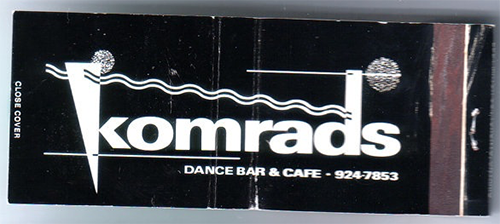 Komrads Dance Bar and Cafe Matchbook with Komrads logo