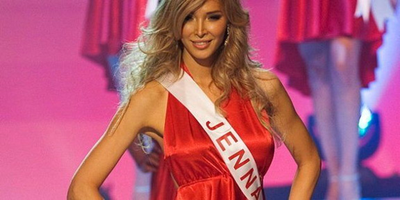 [picture description: photograph of Jenna Talackova on stage at the 2012, the Miss Universe Pageant]