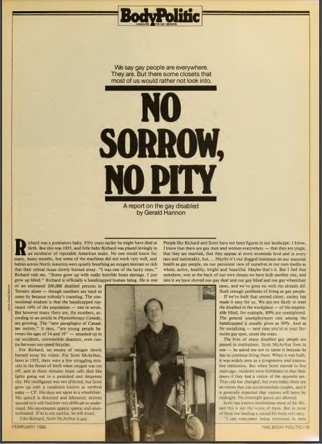 Article from the February 1980 issue of the Body Politic No Sorrow, No Pity