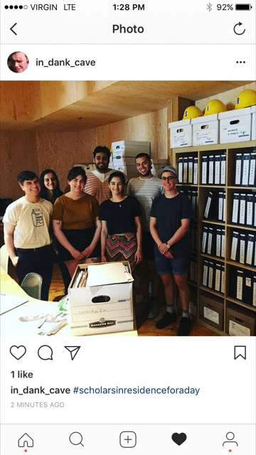 Scholars in Residence group pose in the SAVAC / Vtape archives. (L to R) Mac Stewart, Amal Khurram, Caleigh Inman, Saj Soomal (SAVAC), Alisha Krishna, Zohar Freeman, Cait McKinney.