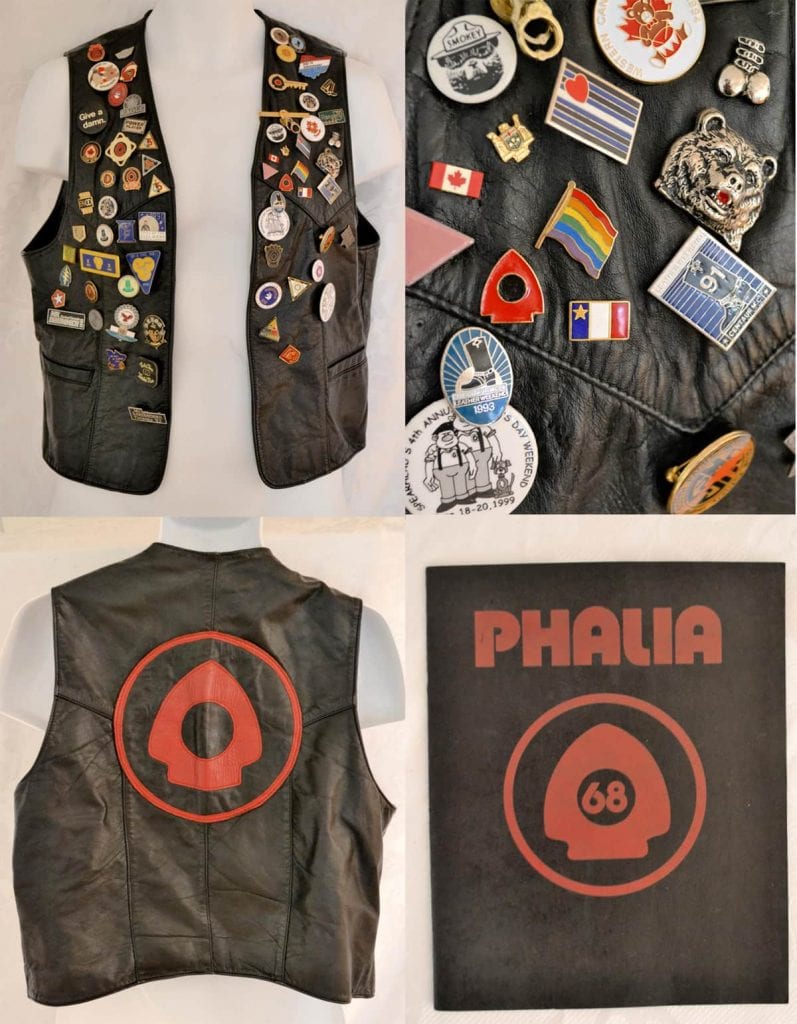 close up of pins and leather jacket of Phalia logo