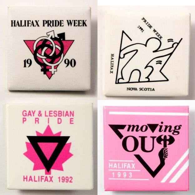 Pic: Buttons from Halifax’s 1990, 1991, 1992 and 1993 Lesbian and Gay Pride Days