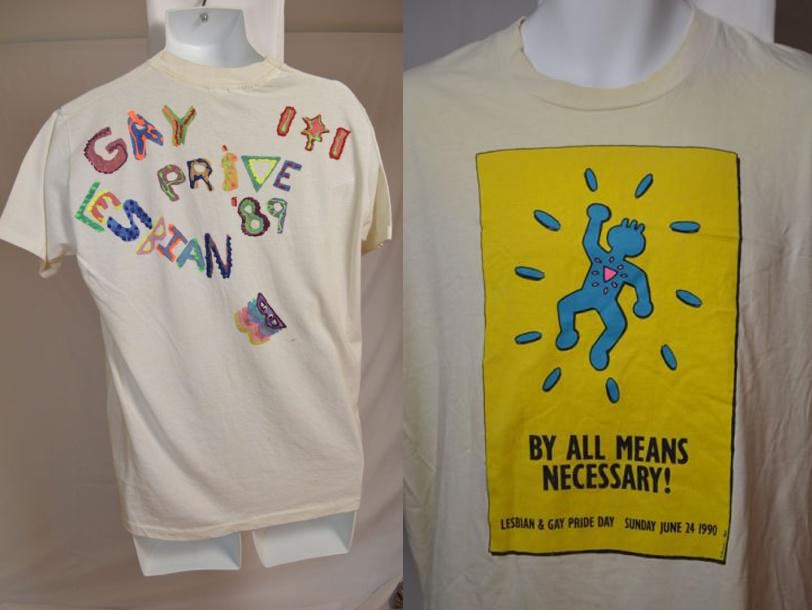 A hand-made Gay and Lesbian Pride t-shirt from 1989 and a t-shirt from the 1990 Lesbian and Gay Pride Day