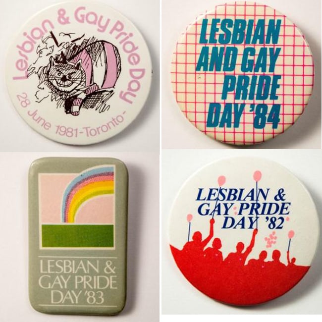 Pic: Lesbian and Gay Pride Day buttons from 1981, 1982, 1983 and 1984