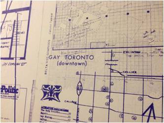 Map titled "Gay Toronto" on a wall at The ArQuives