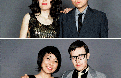 Two photos of a seemingly straight couple; each with reversed gender presentations for each person