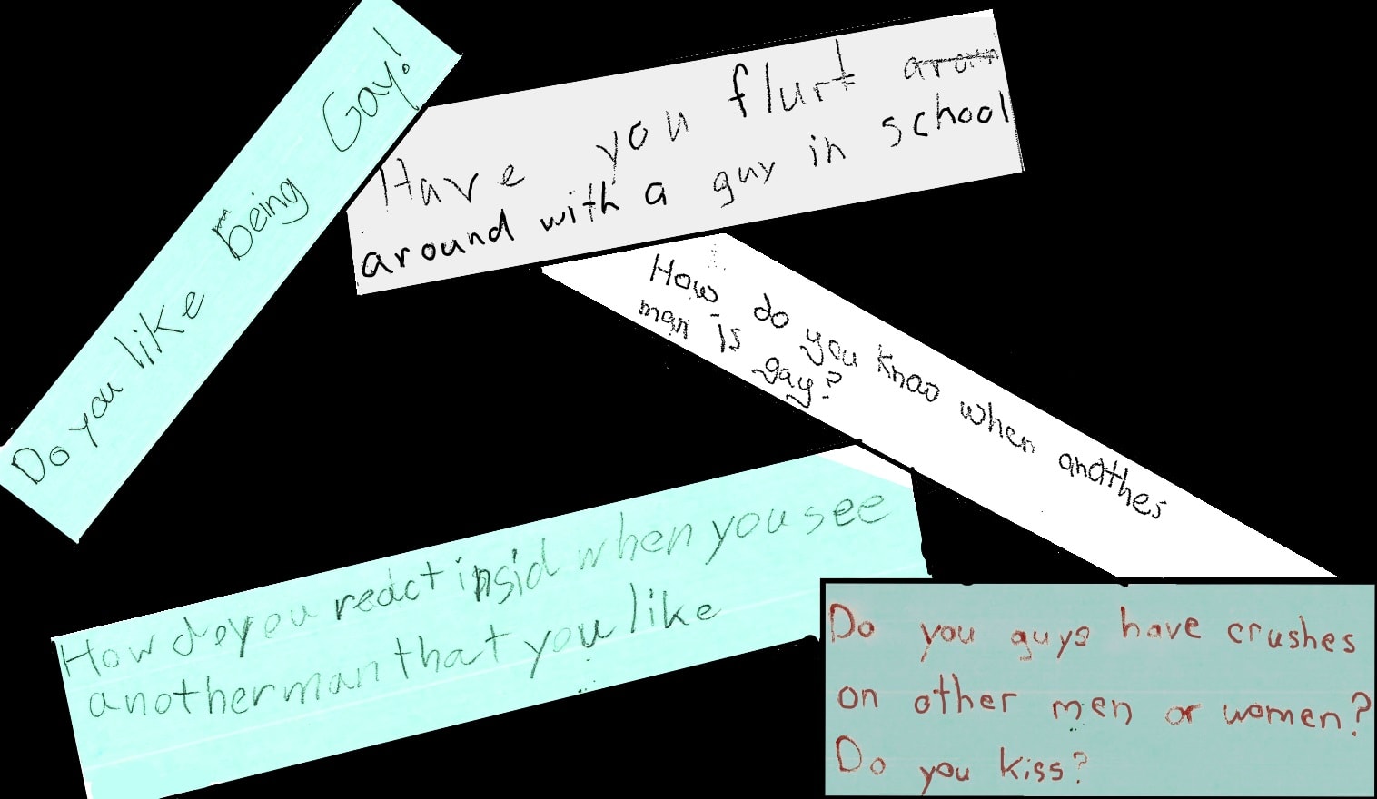 Five slips of paper in blue and white on a black background, with childlike handwritten text on each, including: “Do you guys have crushes on other men or women? Do you kiss?”; “How do you know when another man is gay?”; Have you flurt [sic] around with a guy in school”; “How do you react when you see another man that you like”; and “Do you like being gay!”