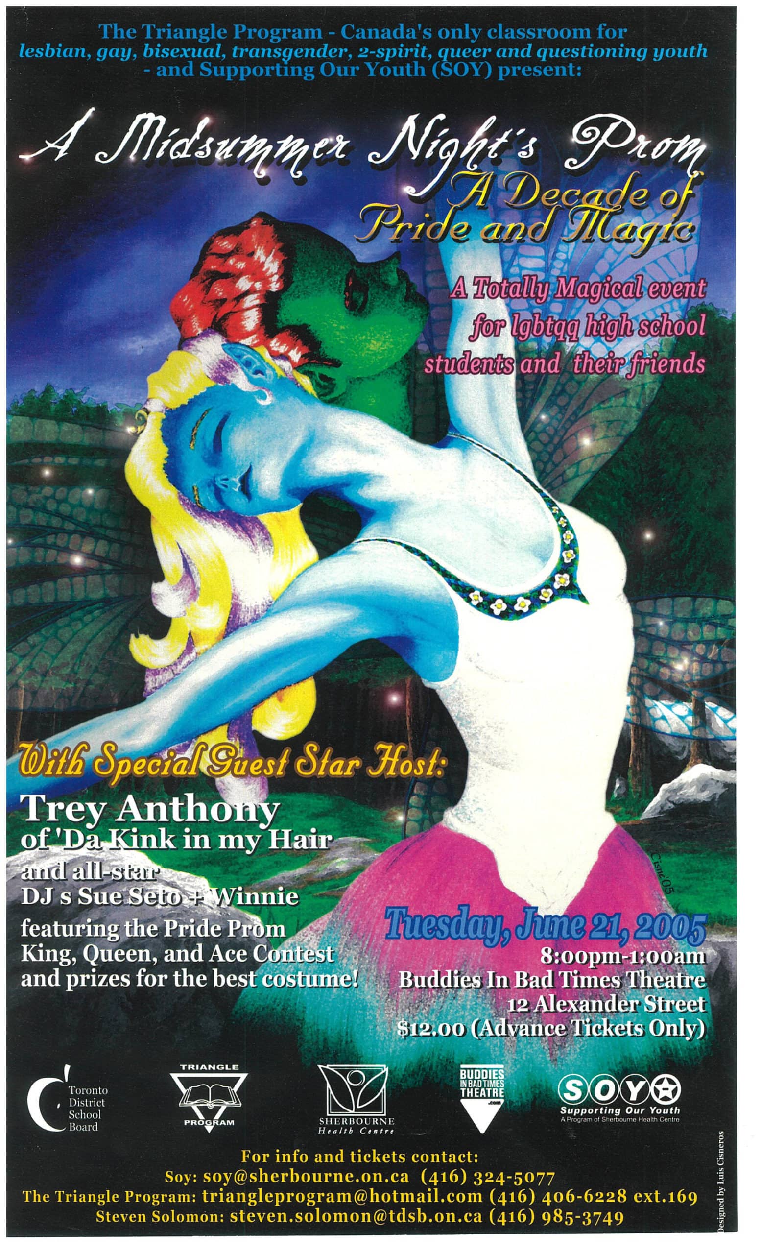 Event poster with a painting of a blue figure in a dress, arms outstretched, and a green figure with their face touching, in front of a night landscape
