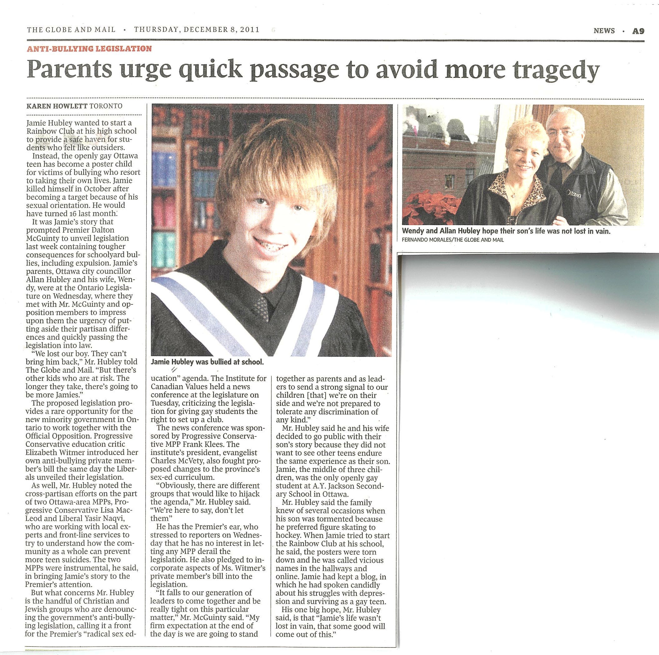 Clipping of a newspaper article with a photo of a teenager with shaggy hair in a graduation gown, and a separate photo of a middle-aged couple