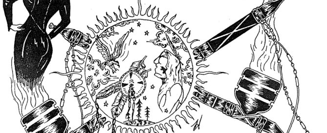 Illustration of two crossed pipes adorned with beads and feathers. A person wearing a tight black dress is coming out of the flames of one of the pipes. At the point where the pipes overlap, there is a sun containing a person and a bird surrounded by stars, clouds, and trees. Text reading, “2 Spirits drag-show” has been drawn by hand in old-school tattoo style block letters. Additional text reads, “‘voguing with wolves’; (Toronto’s 1st 2-Spirited Drag Xtravaganza); 50/50 draw; performances by members of T.P.F.N.; when: Wednesday, June 2, 1993; where: Trax; please come out and support us; see you there; all proceeds from this event are for 2-Spirited People of the 1st Nations P.H.A. support fund.”