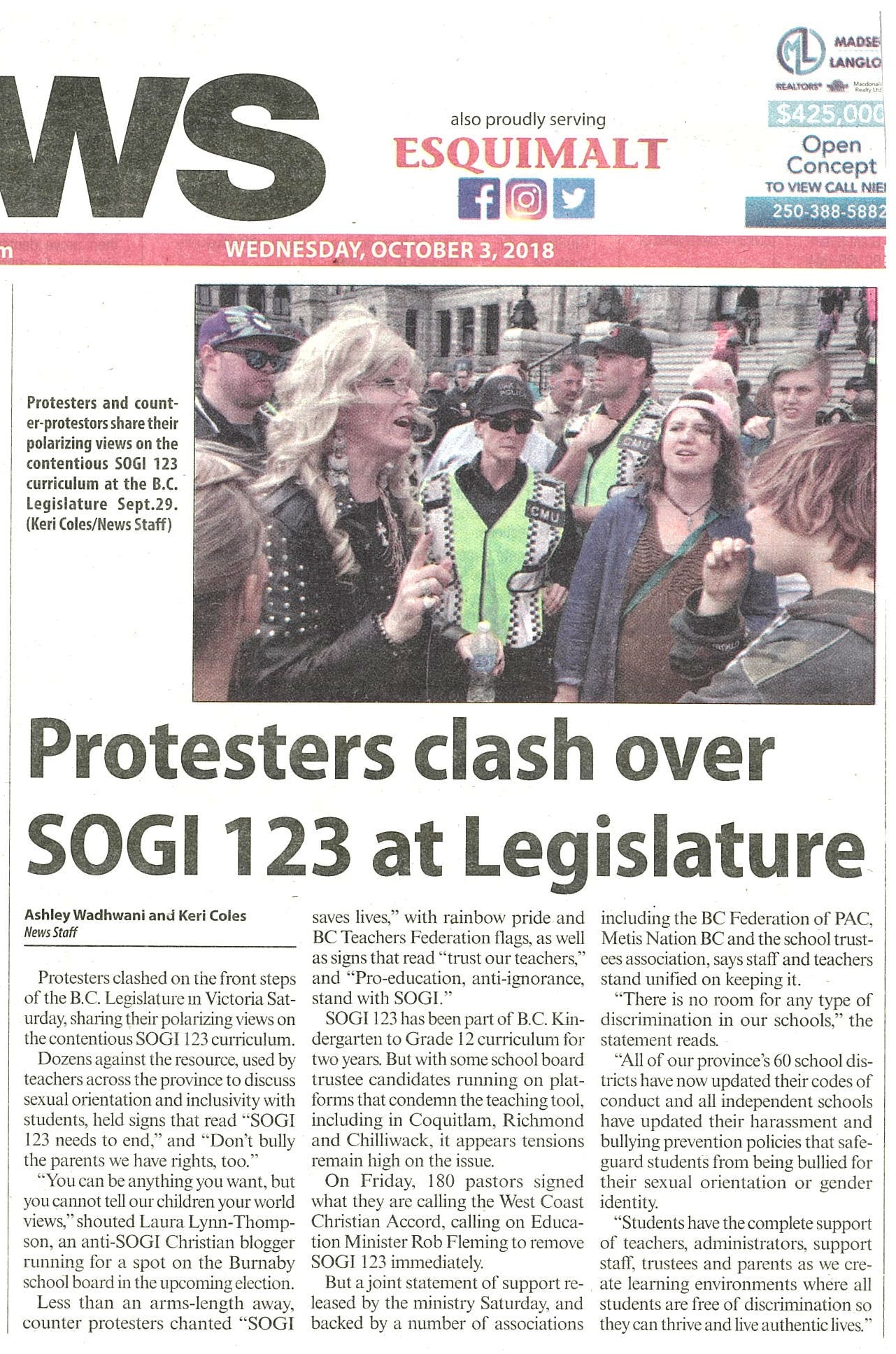 Newspaper clipping with close-up photo of protestors at legislature steps