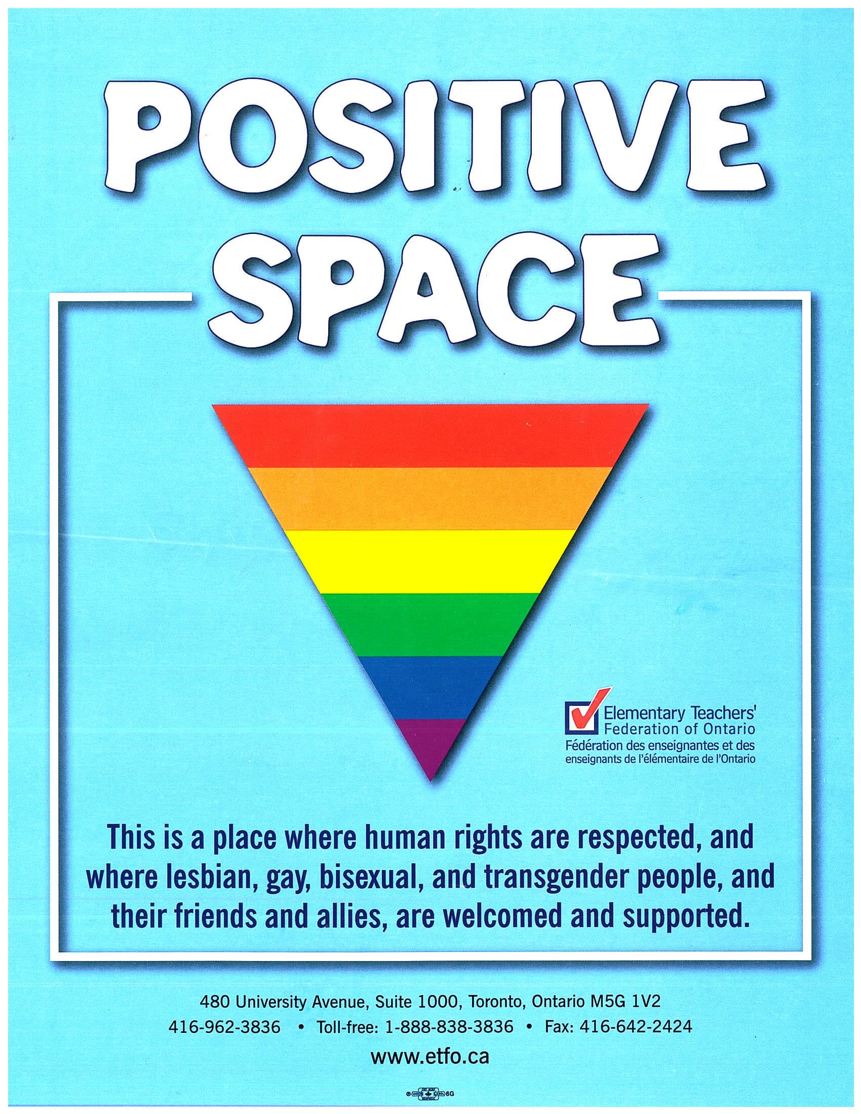 Upside-down rainbow triangle with the words “POSITIVE SPACE” above it, on a blue background