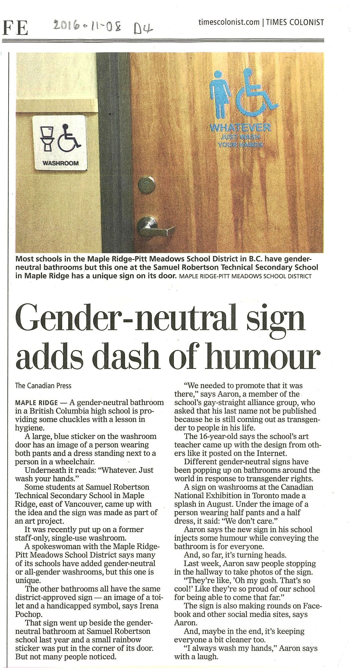 Newspaper article with accompanying photo of a sign showing a figure wearing pants on their right half and a skirt on their left and another figure in a wheelchair, with the text 'whatever; just wash your hands.'