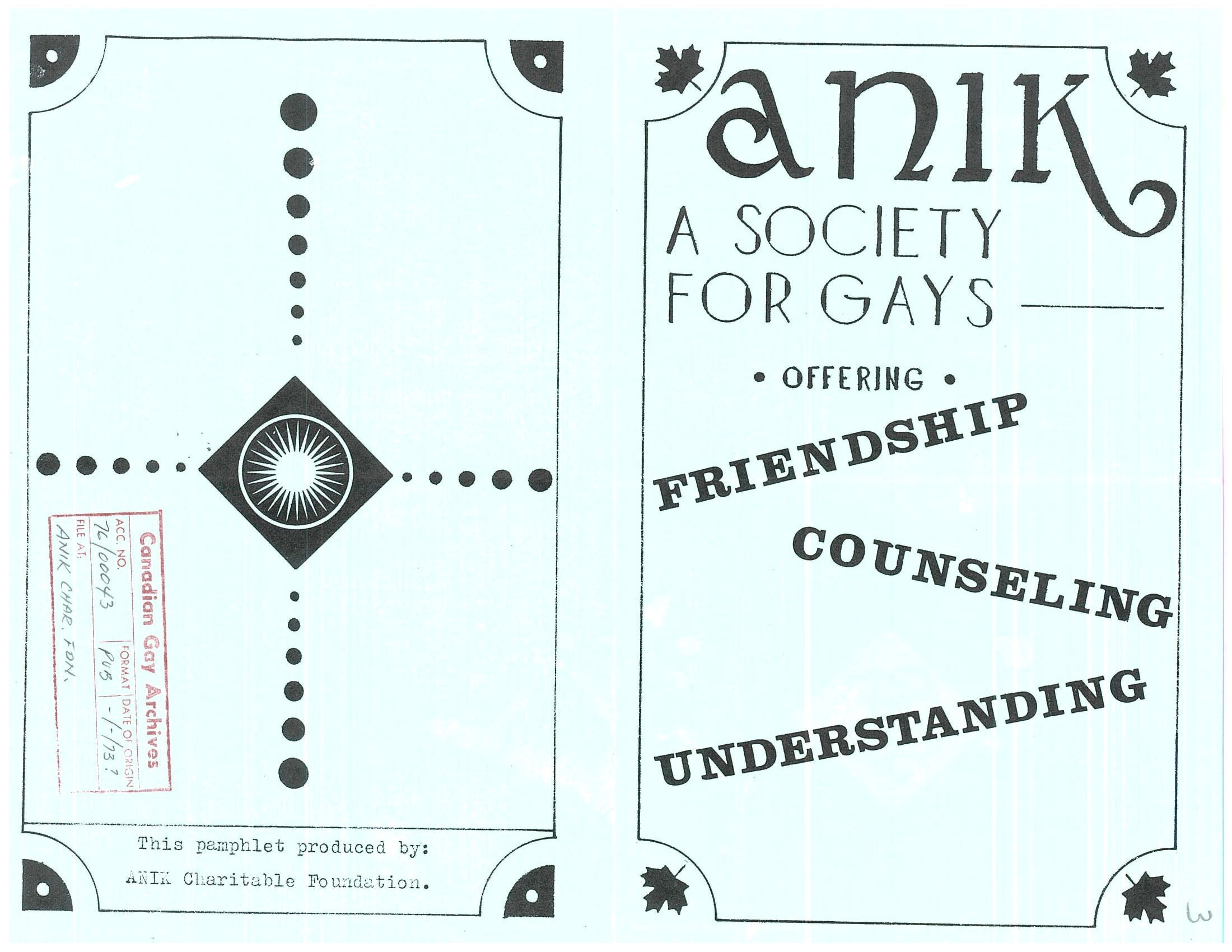 Blue two-sided pamphlet with group name and the words “Friendship,” “Counselling,” and “Understanding”