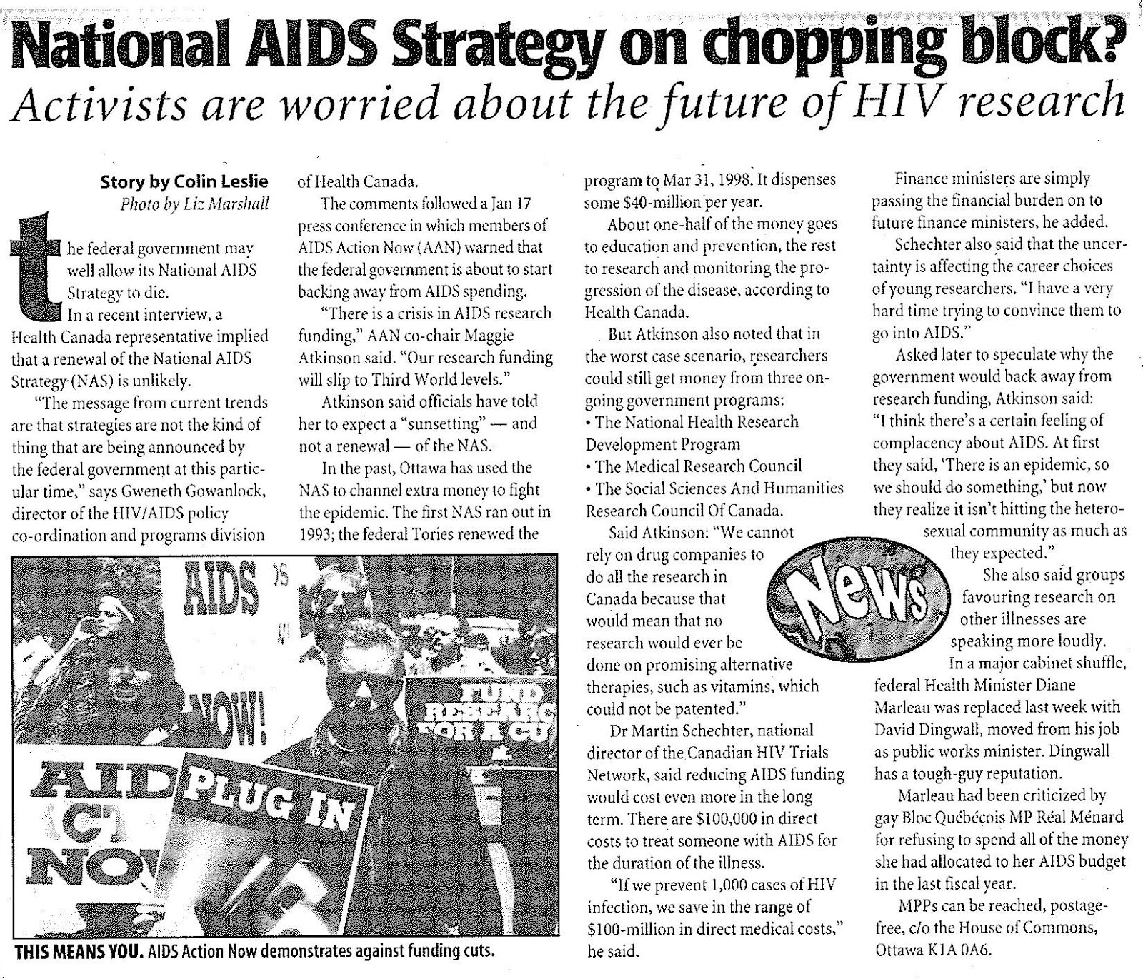 newspaper article with photo of AIDS Action Now protestors holding signs
