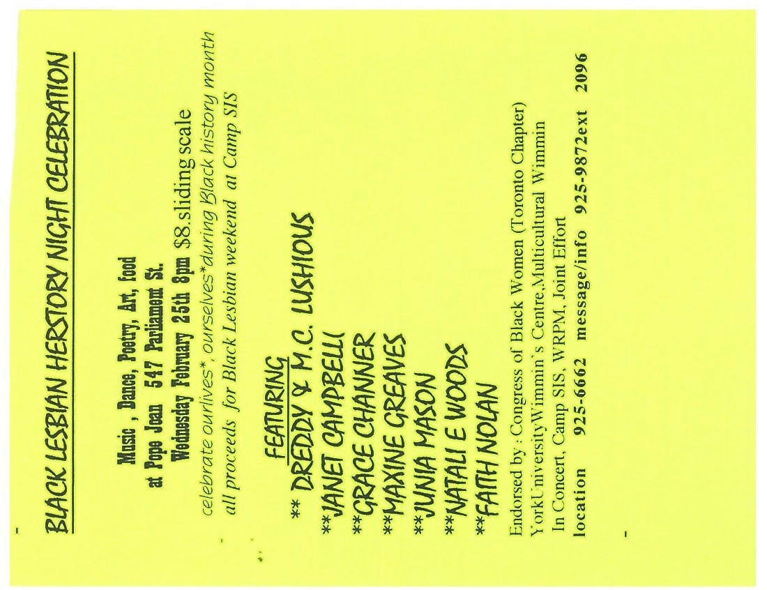 Flyer typed in multiple fonts and printed on yellow paper.