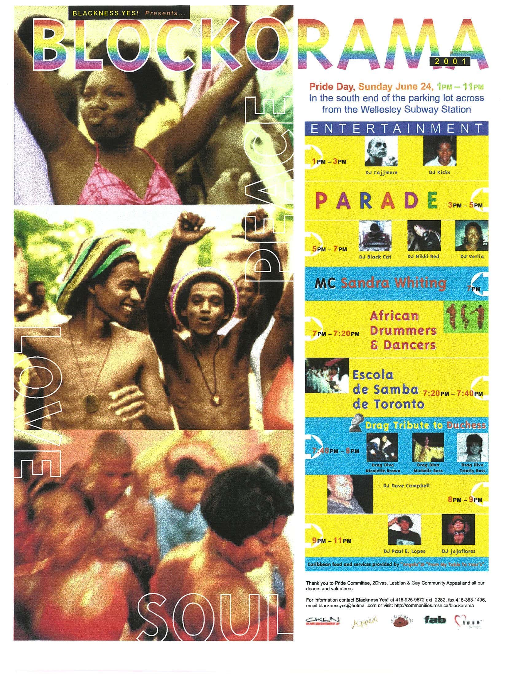 Pamphlet with the text “Blockorama” printed in a rainbow gradient font and “peace,” “love,” and “soul,” printed in a white outline font. At the top left is a photo of a person with short curly hair wearing a pink halter top with their arms up. Below that is a photo of two people with their shirts off wearing hats and pendant necklaces. At the bottom is an out-of-focus photo of people dancing. Event information, including dates, times, locations, performers, and small photos, is listed on the right.