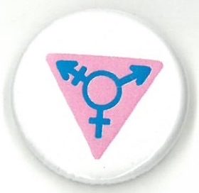 White button with a light pink inverted triangle; there is a light blue trans symbol inside the triangle.