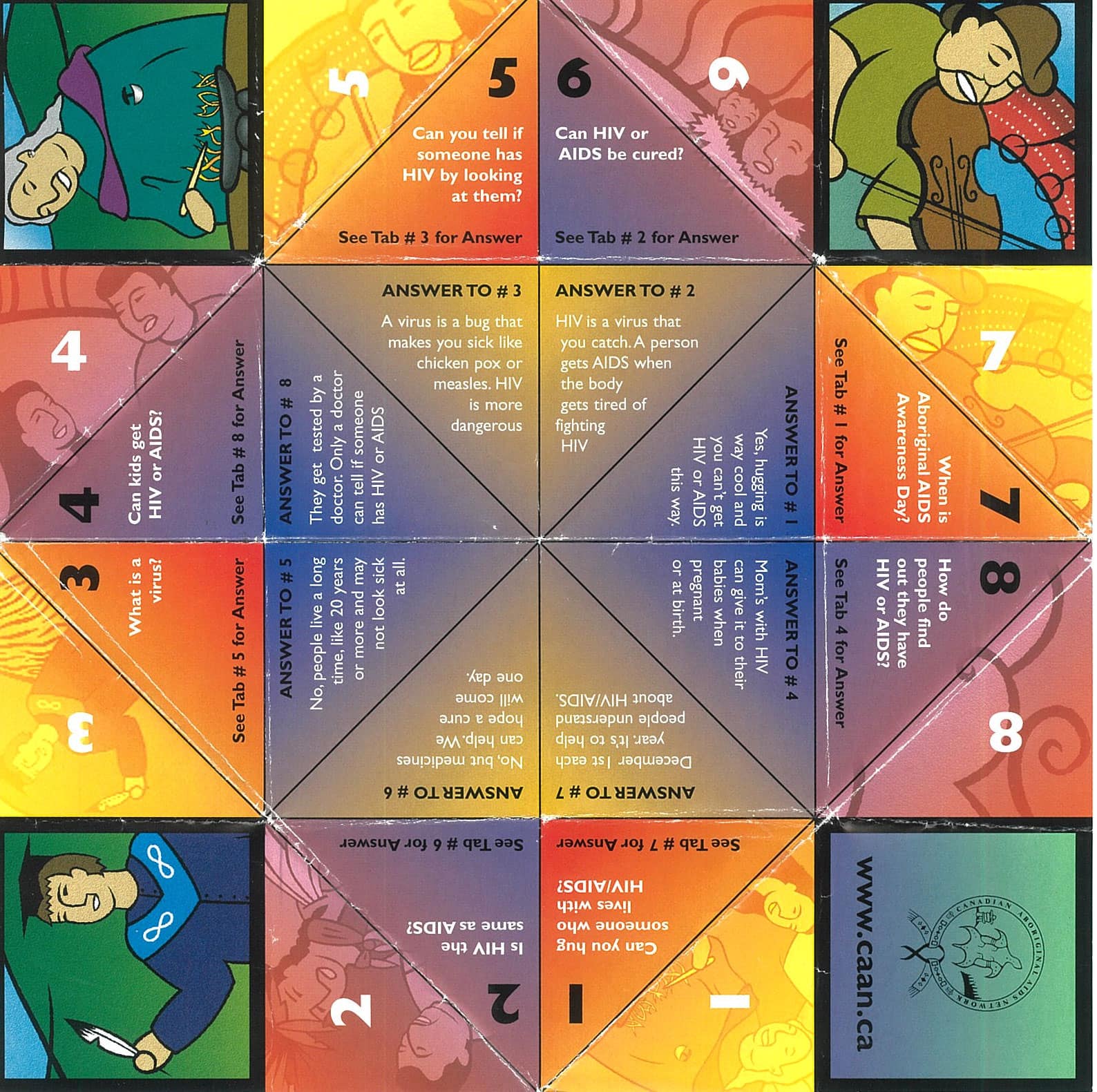 caan-2 Colourful unfolded paper 'fortune teller' with 8 questions: "Can you hug someone who lives with HIV/AIDS?"; "Is HIV the same as AIDS?"; "What is a virus?"; "Can kids get HIV or AIDS?" "Can you tell if someone has HIV by looking at them?"; "Can HIV or AIDS be cured?"; "When is Aboriginal AIDS Awareness Day?"; "How do people find out they have HIV or AIDS?"