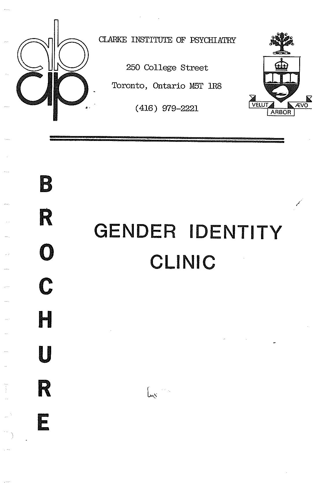 clarke-gic Cover page of a brochure. The Clarke Institute of Psychiatry logo is pictured at the top left, and its crest is pictured at the top right.