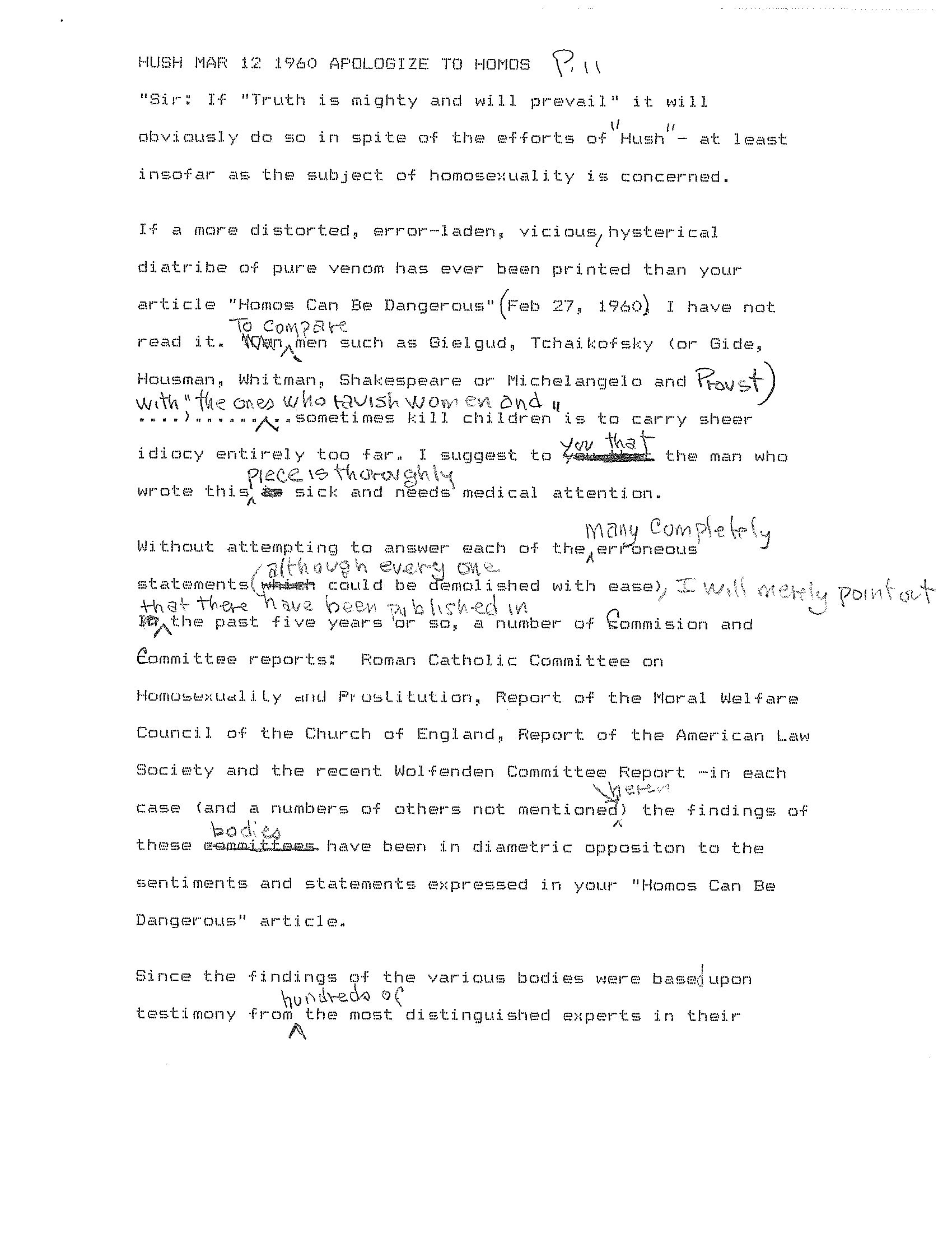 James Egan's typewritten letter to Hush magazine in 1960, with edits written over top in pen.