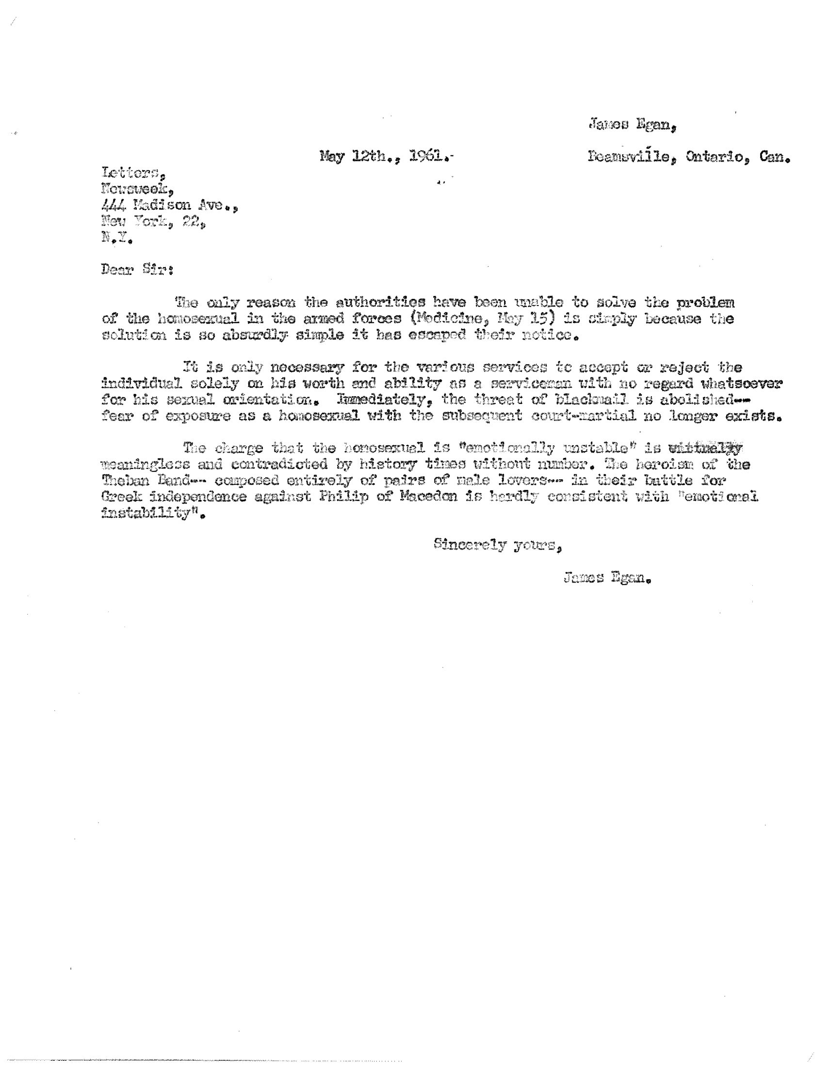 Typewritten letter from James Egan.