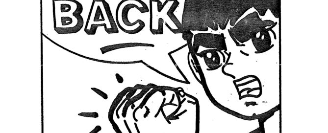 Cartoon illustration of a person wearing a pink triangle button. Their fist is raised and their mouth is open, as if yelling. “Enough is enough… fight back!” is written in block letters inside a speech bubble.