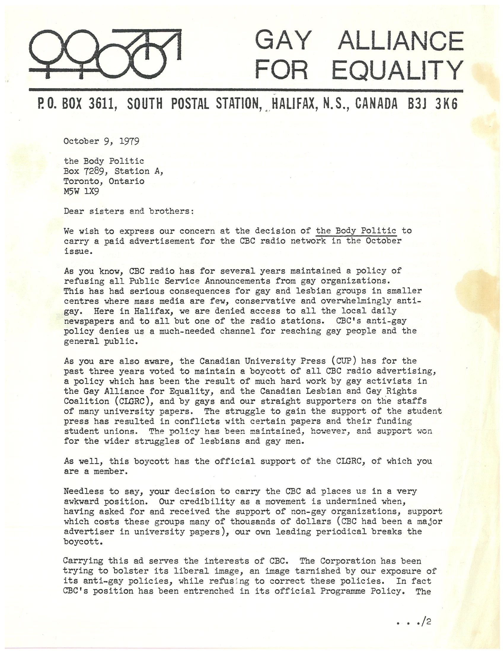 Typewritten letter on Gay Alliance for Equality letterhead, featuring gay and lesbian symbols and the organization’s name and address.