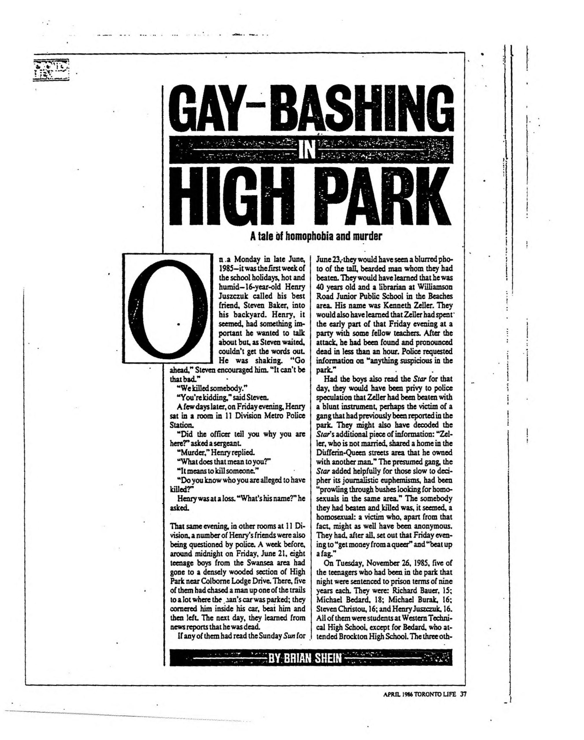 Newspaper article titled "Gay Bashing in High Park."