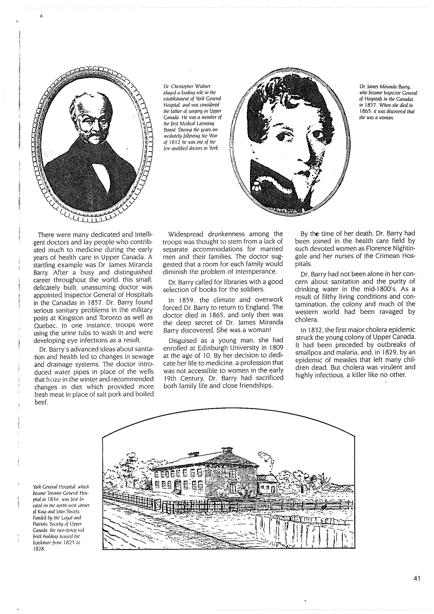 Page from a publication by the Ontario Ministry of Health. The page includes three columns of text, and illustrations of Dr. Christopher Widmer, Dr. James Barry, and the York General Hospital building.