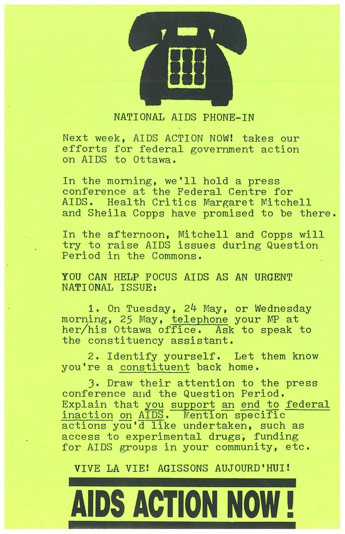 Typewritten flyer with a simple illustration of a desk phone at the top and “AIDS Action Now!” written in all caps at the bottom.